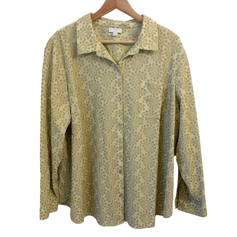 J Jill Button Up Shirt Womens 2X Embroidered Paisley Cotton Pastel Green Plus